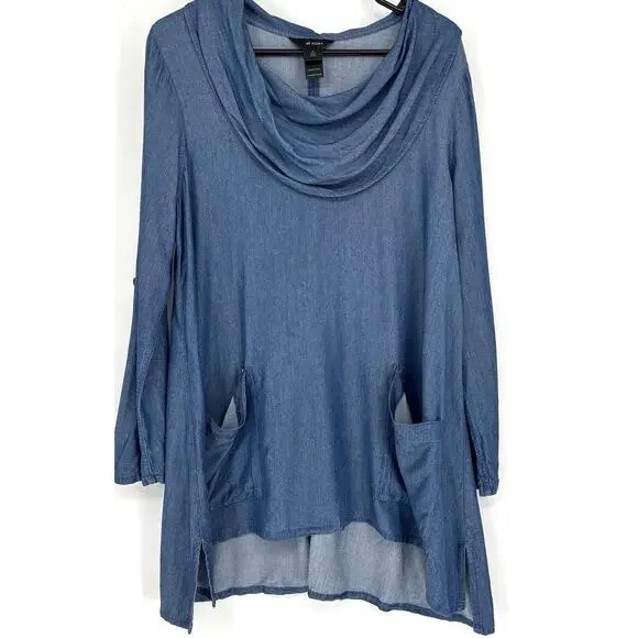 Ali Miles Sz M 100% Lyocell Blue Chambray LS Soft Draped Cowl Asymmetrical Pkts - Picture 2 of 7